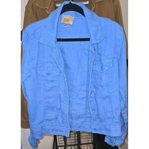 Elie Tahari Blue Linen Frayed Edge Button Front Casual Jacket Women's L